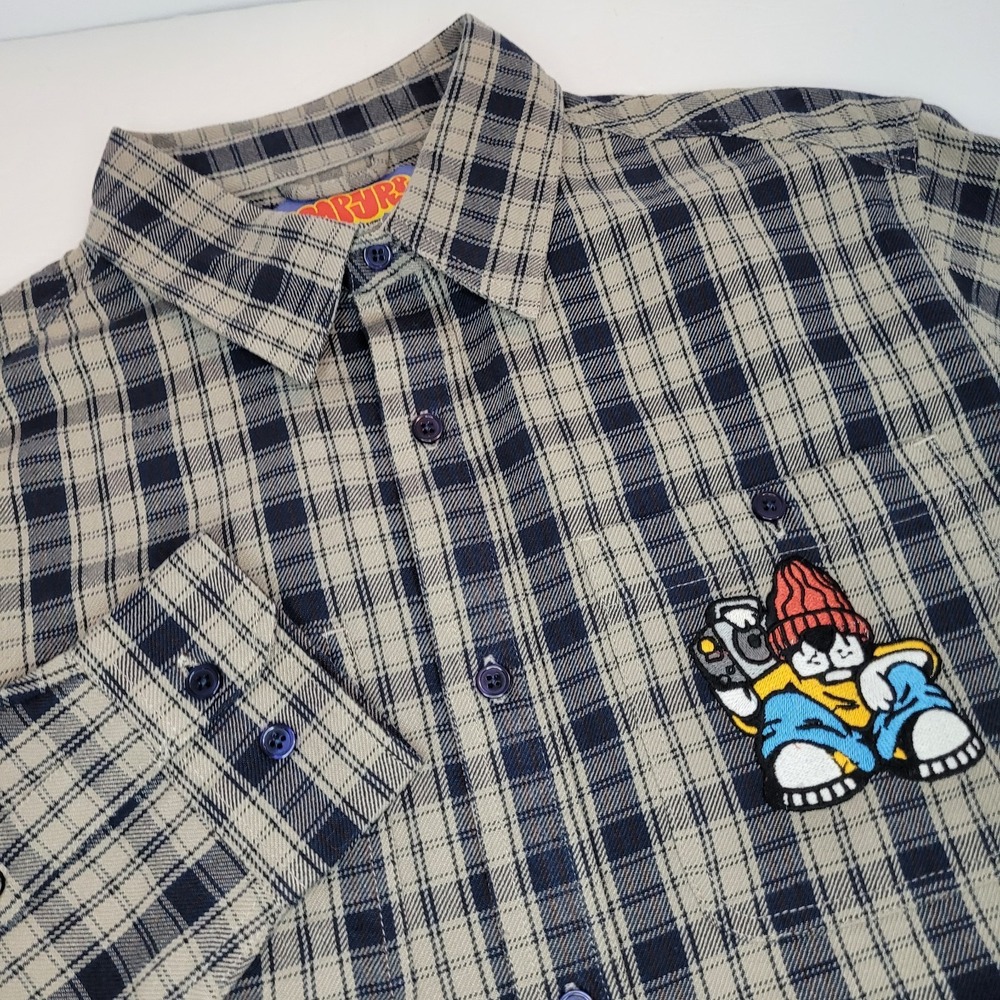 Empyre Flannel Shirt Mens S Beige Blue Plaid Embroidered Dog Logo Skate
